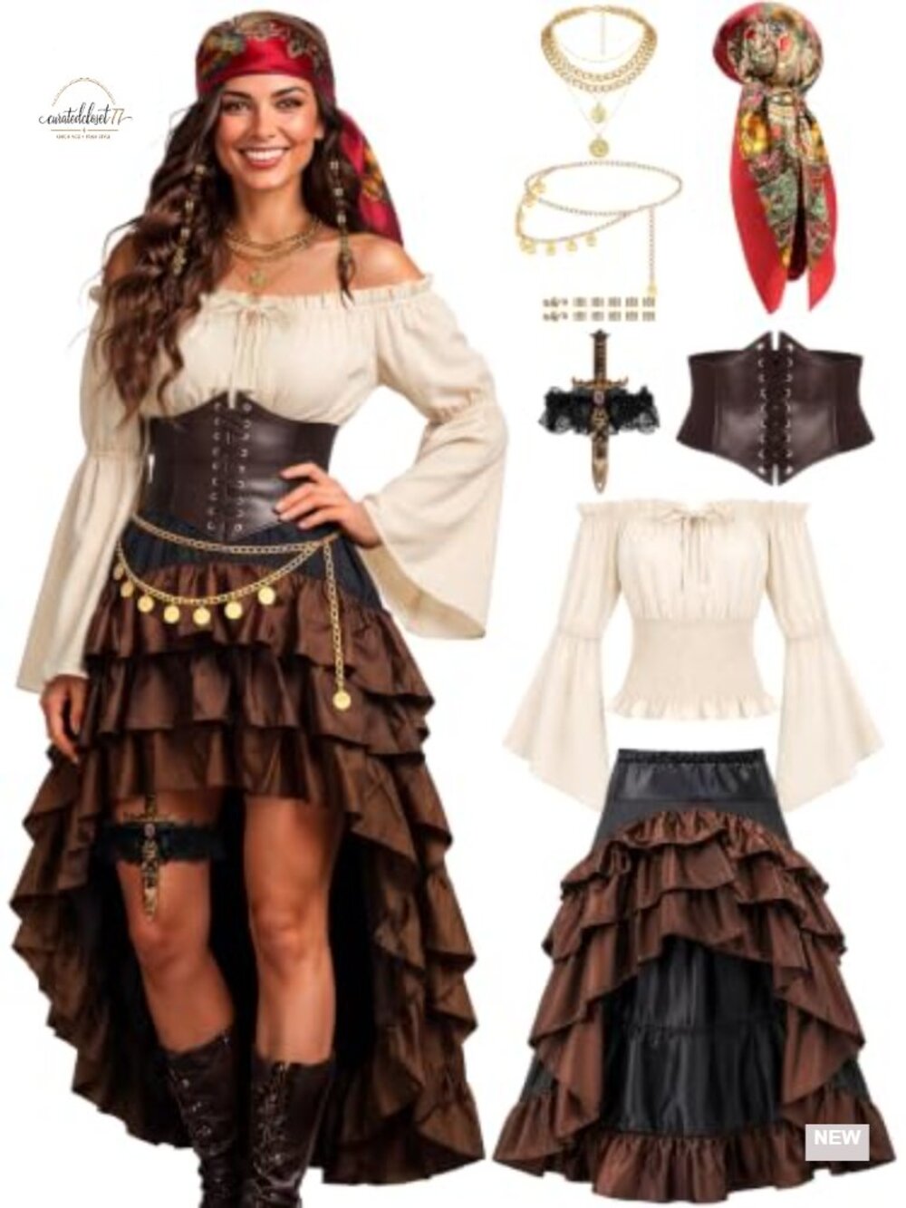 Pirate Costume Women Outfit Renaissance Shirt Skirt Corset Belt Set